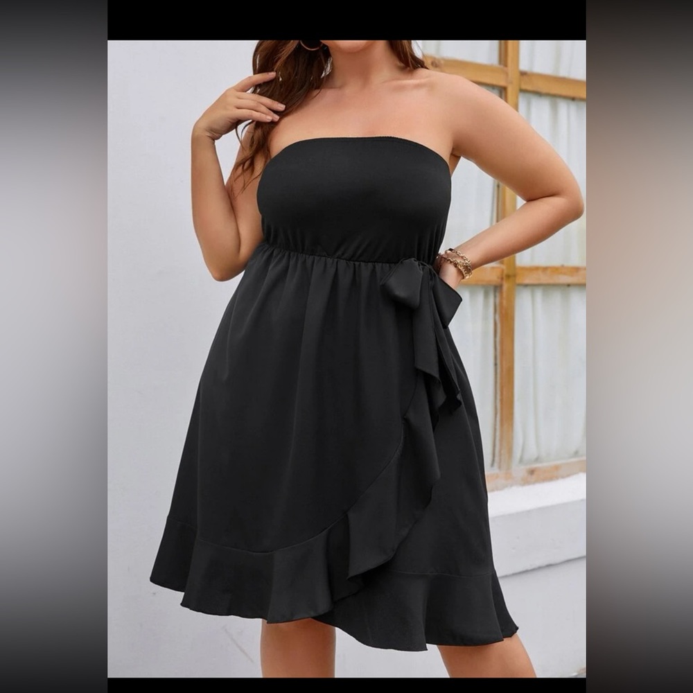 👚Shein Plus Ruffle Trim Wrap Hem Knot Side Tube Dress Size 3XL Black